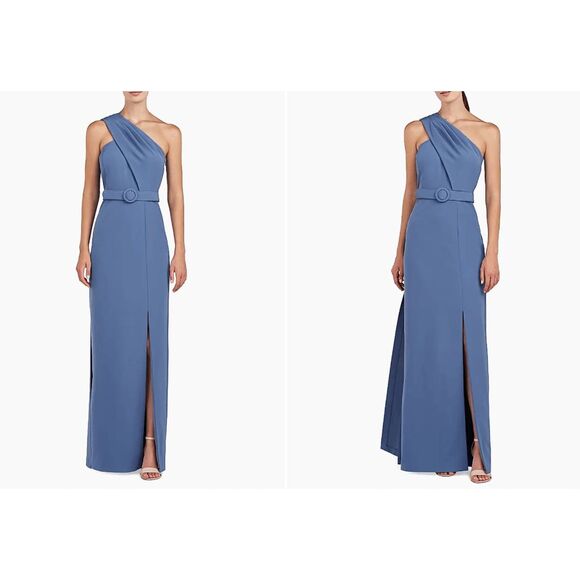 Kay Unger Bowie Belted One-Shoulder Column Gown US 12 $338